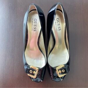 Guess Black Patent Peep Toe Buckle Heels